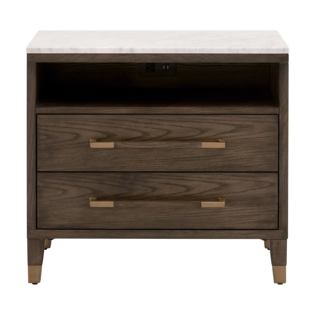 Essentials For Living Cambria 2-Drawer Nightstand ~ Dutch Brown Oak and Bianco Marble, Aged Brass Hardware - Image 1