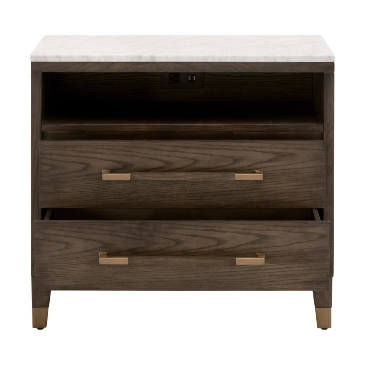 Essentials For Living Cambria 2-Drawer Nightstand ~ Dutch Brown Oak and Bianco Marble, Aged Brass Hardware - Image 2