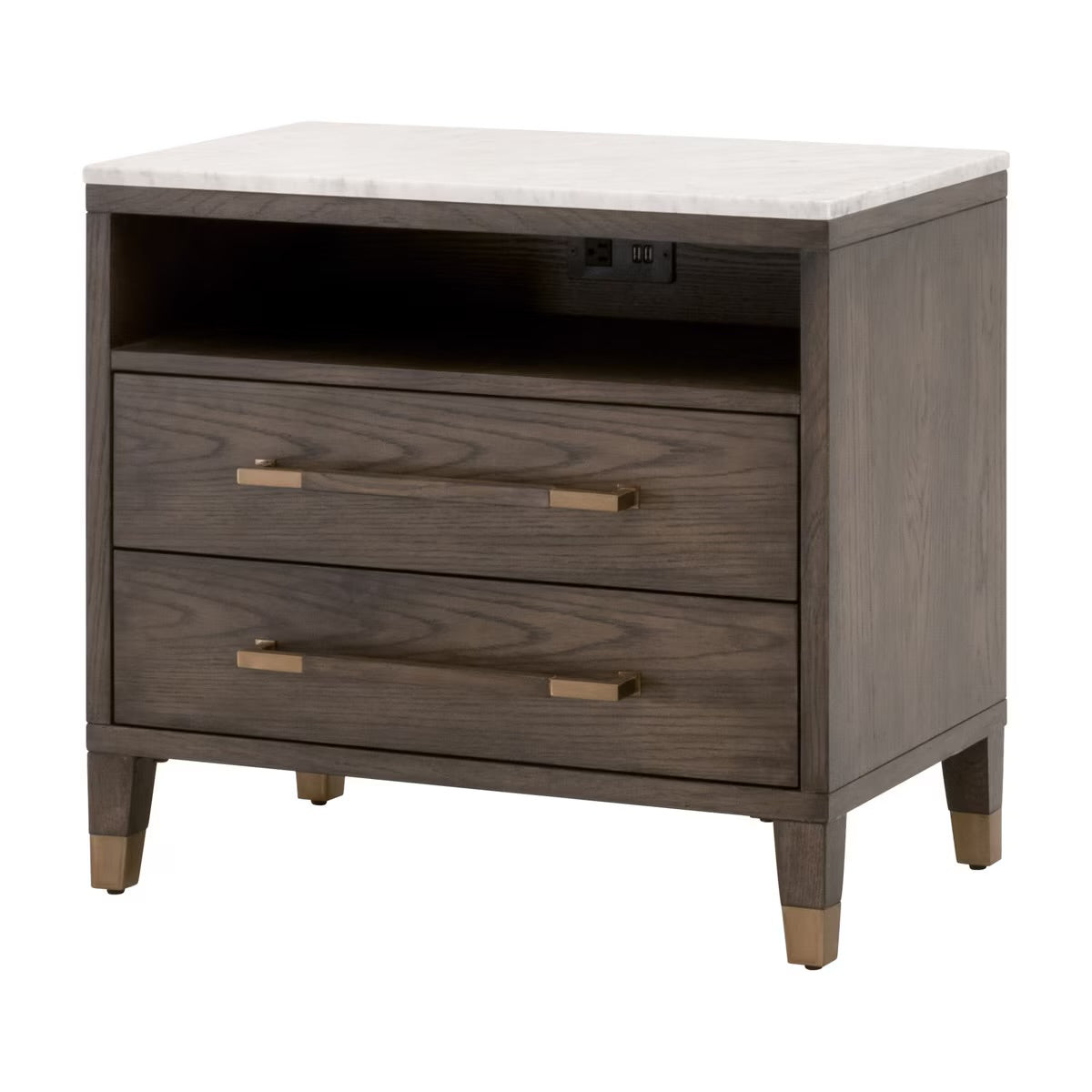 Essentials For Living Cambria 2-Drawer Nightstand ~ Dutch Brown Oak and Bianco Marble, Aged Brass Hardware - Image 3