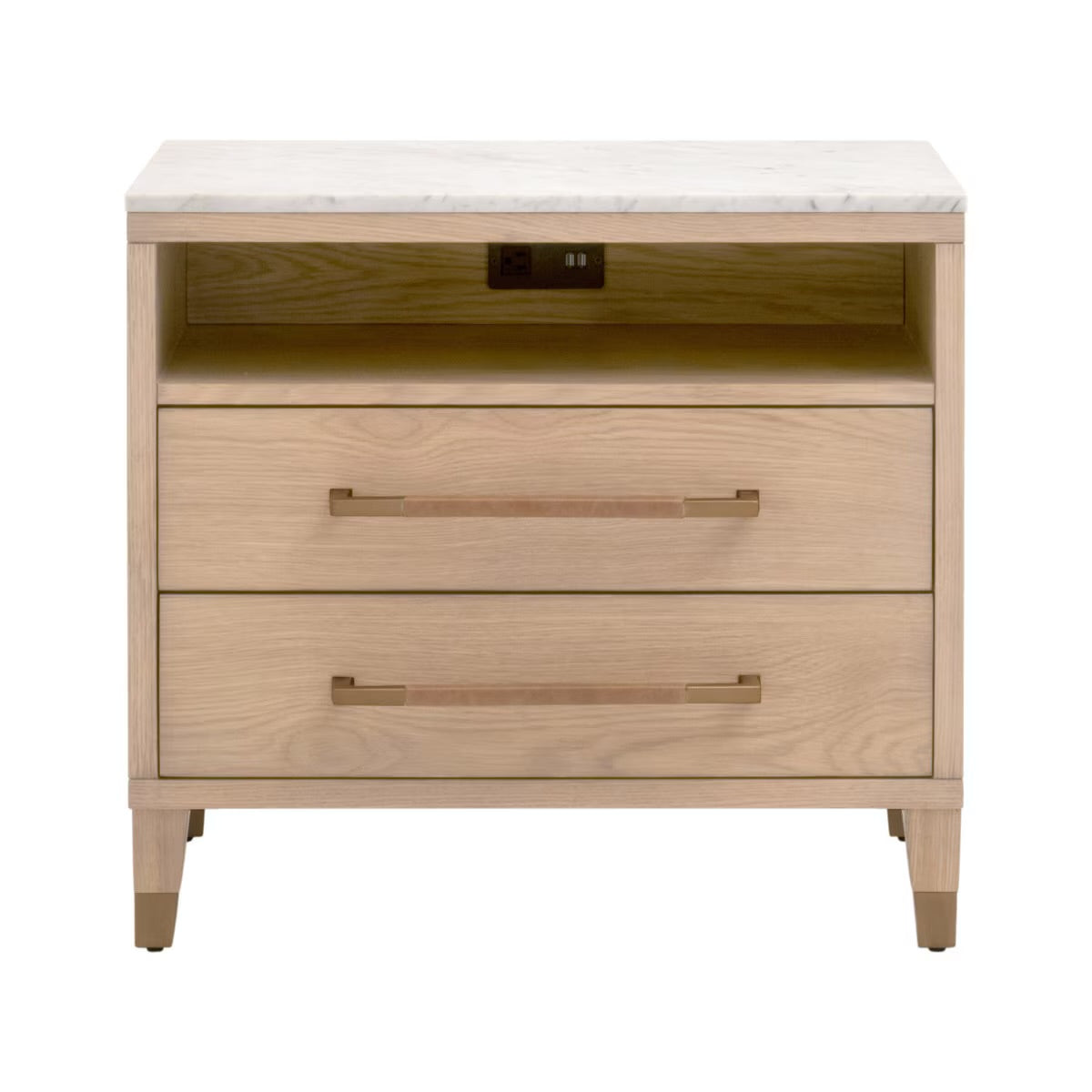 Essentials For Living Cambria 2-Drawer Nightstand ~ Natural Oak and Bianco Marble, Aged Brass Hardware - Image 1