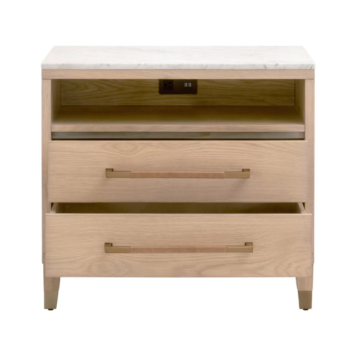 Essentials For Living Cambria 2-Drawer Nightstand ~ Natural Oak and Bianco Marble, Aged Brass Hardware - Image 2