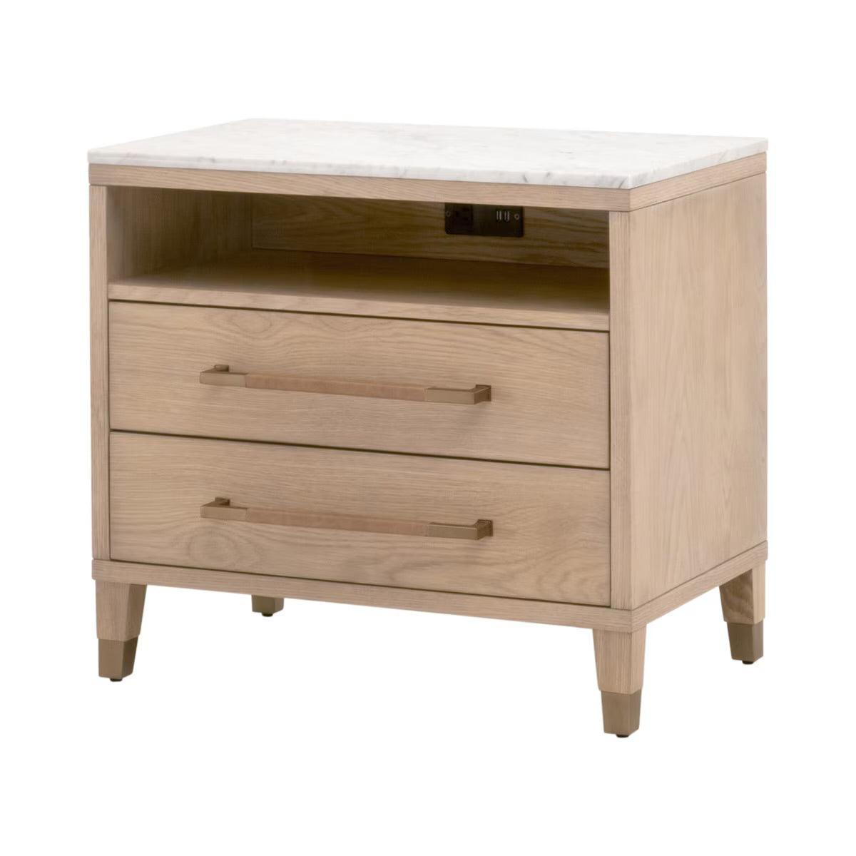 Essentials For Living Cambria 2-Drawer Nightstand ~ Natural Oak and Bianco Marble, Aged Brass Hardware - Image 3