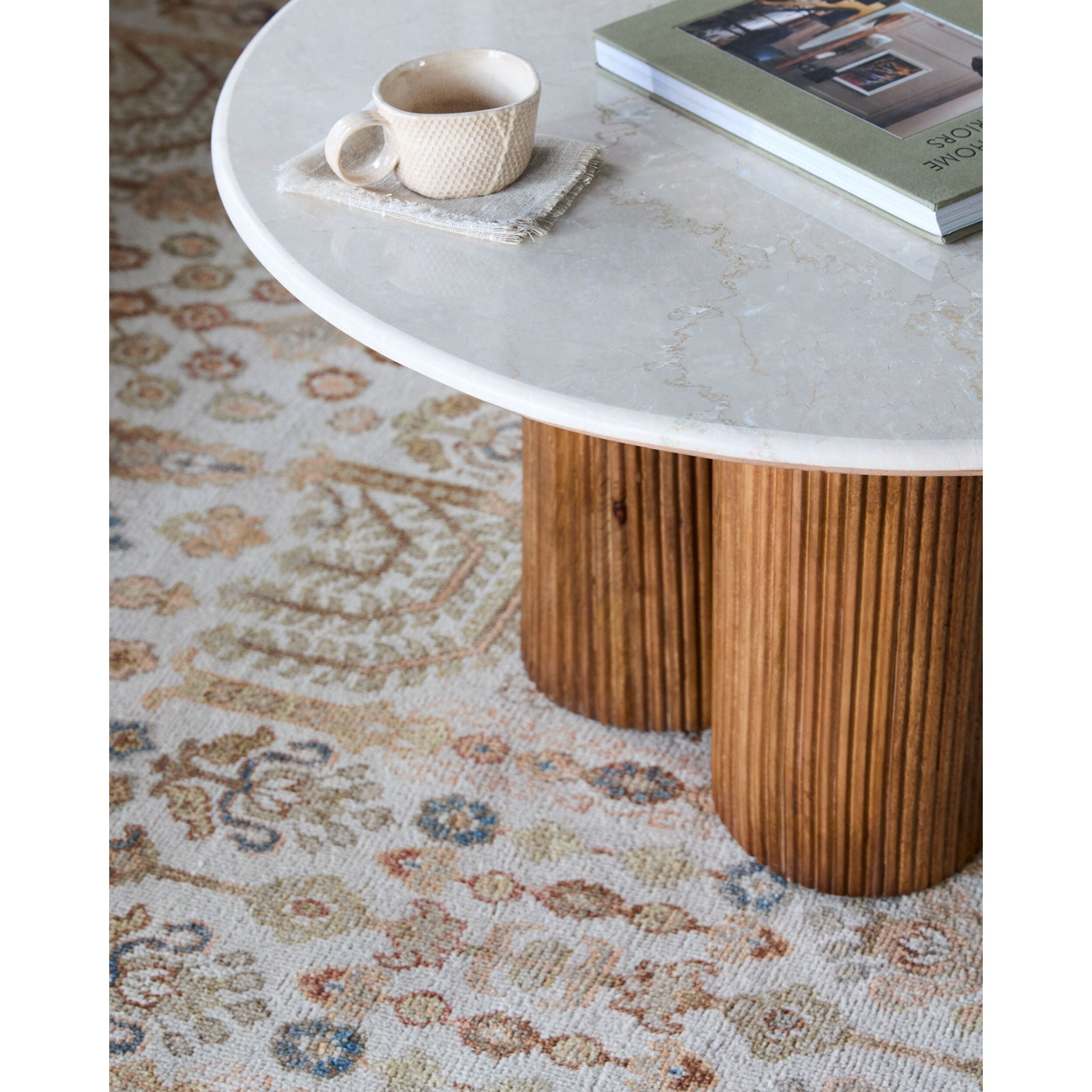 Surya Basilia Modern Ivory Marble and Mango Wood Round Coffee Table - Image 3