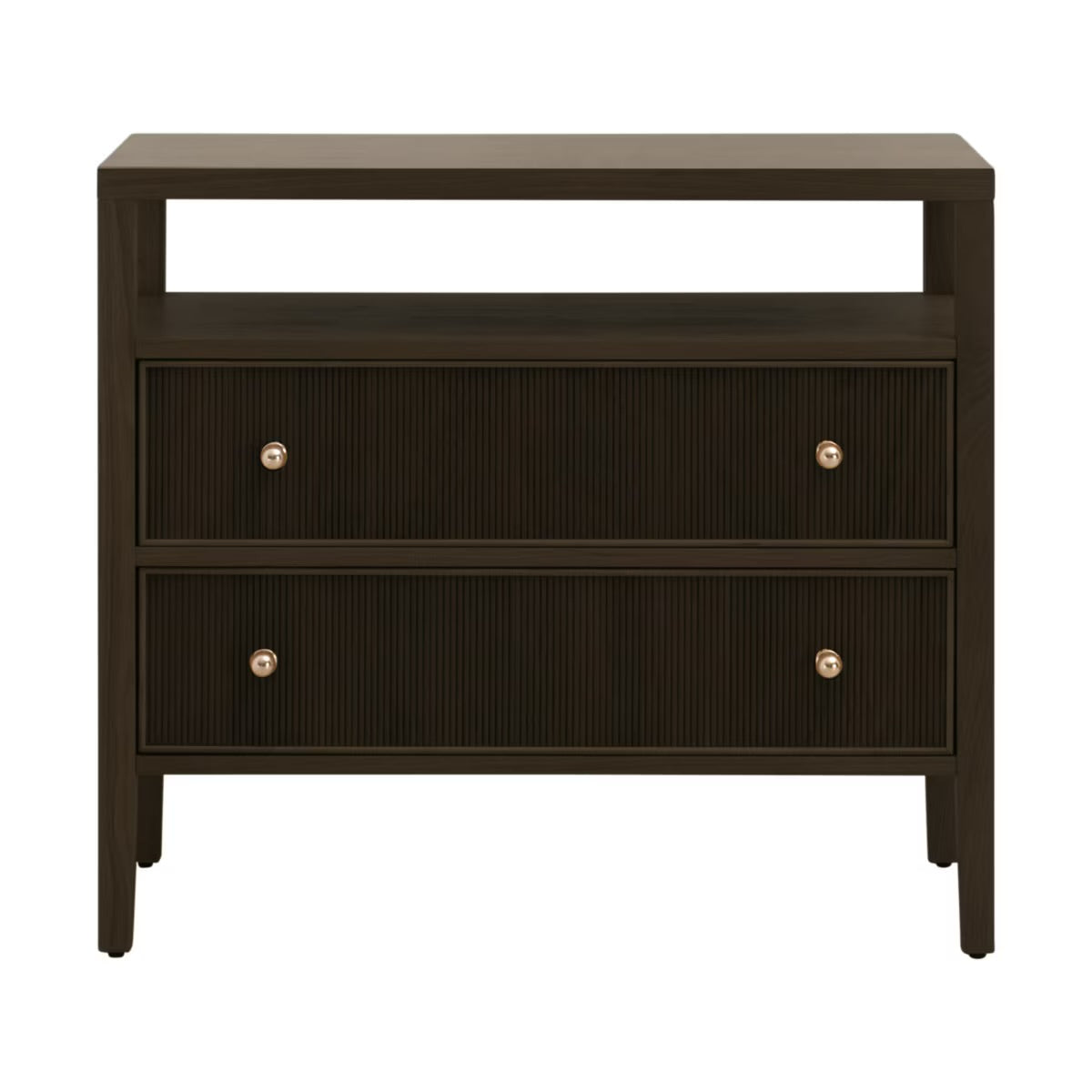 Essentials For Living Highland Open Shelf 2-Drawer Nightstand ~ Dutch Brown Oak, Brushed Brass Hardware - Image 1