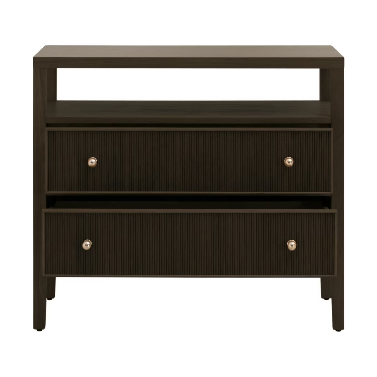 Essentials For Living Highland Open Shelf 2-Drawer Nightstand ~ Dutch Brown Oak, Brushed Brass Hardware - Image 2