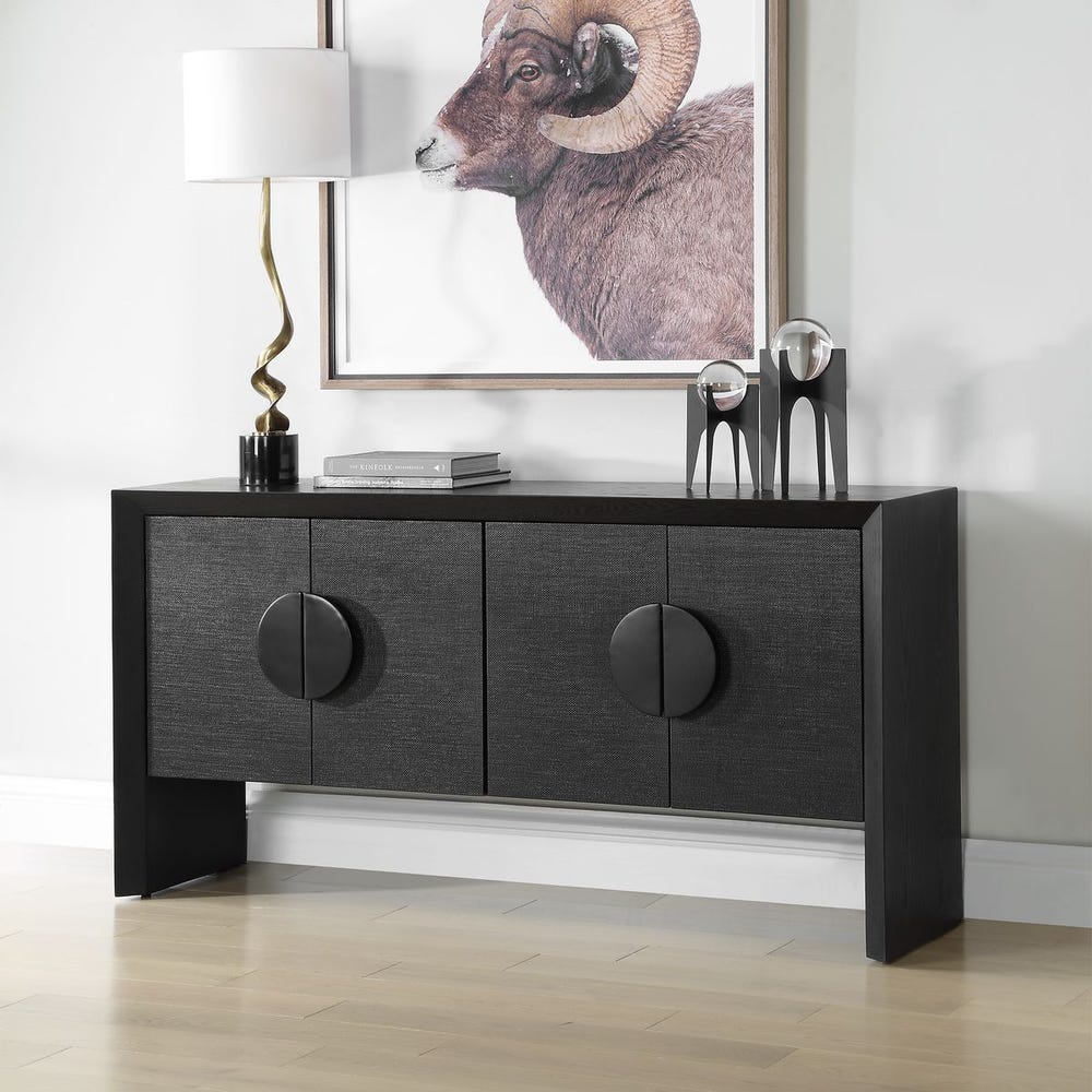 Uttermost Williams Textured Black Grasscloth Covered 4- Door Cabinet - Image 2