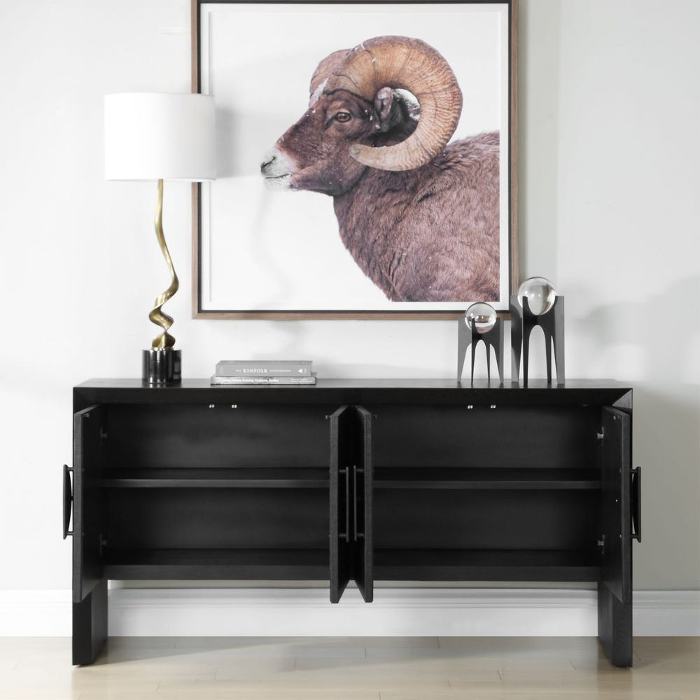 Uttermost Williams Textured Black Grasscloth Covered 4- Door Cabinet - Image 3