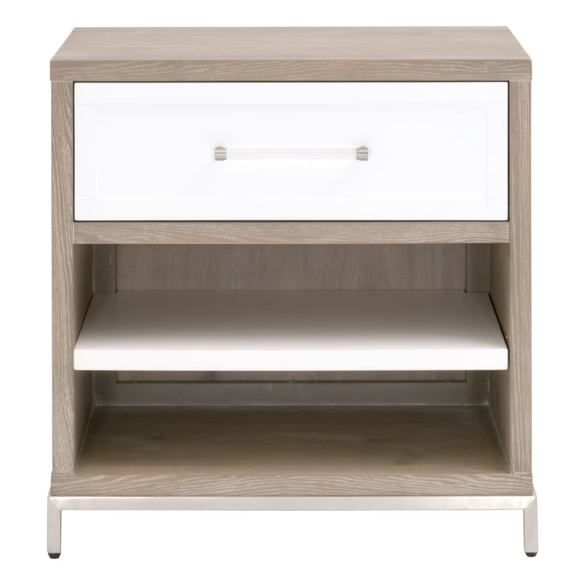 Essentials For Living Wrenn 1-Drawer Nightstand~ Natural Gray Acacia, Matte White And Brushed Stainless Steel Hardware - Image 1