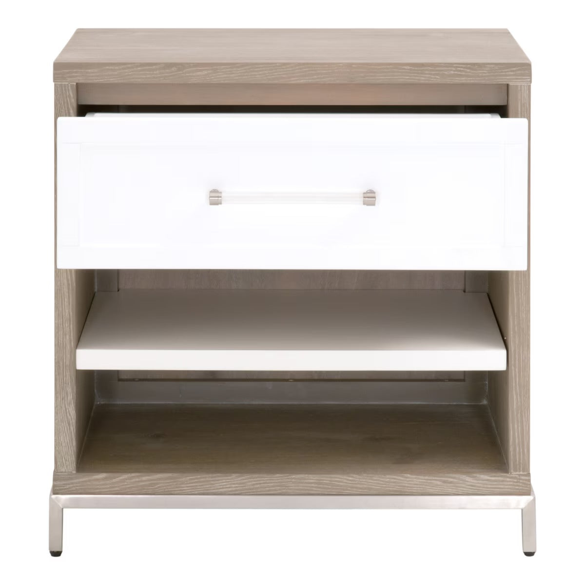Essentials For Living Wrenn 1-Drawer Nightstand~ Natural Gray Acacia, Matte White And Brushed Stainless Steel Hardware - Image 2