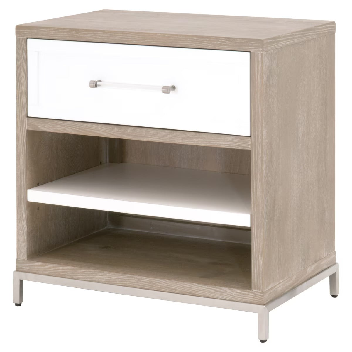 Essentials For Living Wrenn 1-Drawer Nightstand~ Natural Gray Acacia, Matte White And Brushed Stainless Steel Hardware - Image 3