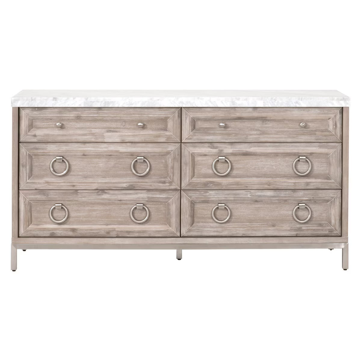 Essentials For Living Azure Carrera 6-Drawer Dresser ~ Natural Gray Acacia, White Carrera Marble With Brushed Stainless Steel Hardware - Image 1