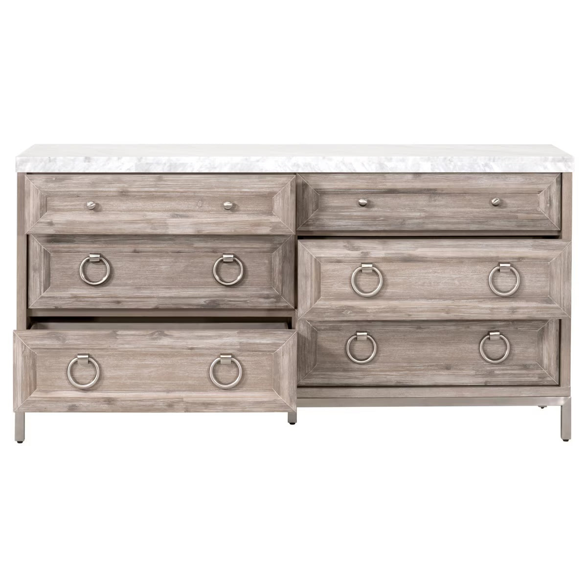 Essentials For Living Azure Carrera 6-Drawer Dresser ~ Natural Gray Acacia, White Carrera Marble With Brushed Stainless Steel Hardware - Image 2