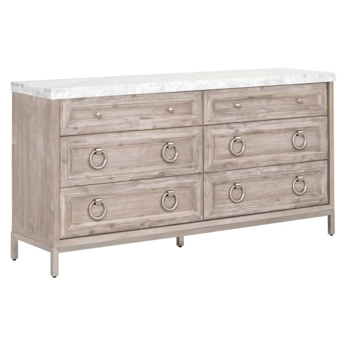 Essentials For Living Azure Carrera 6-Drawer Dresser ~ Natural Gray Acacia, White Carrera Marble With Brushed Stainless Steel Hardware - Image 3