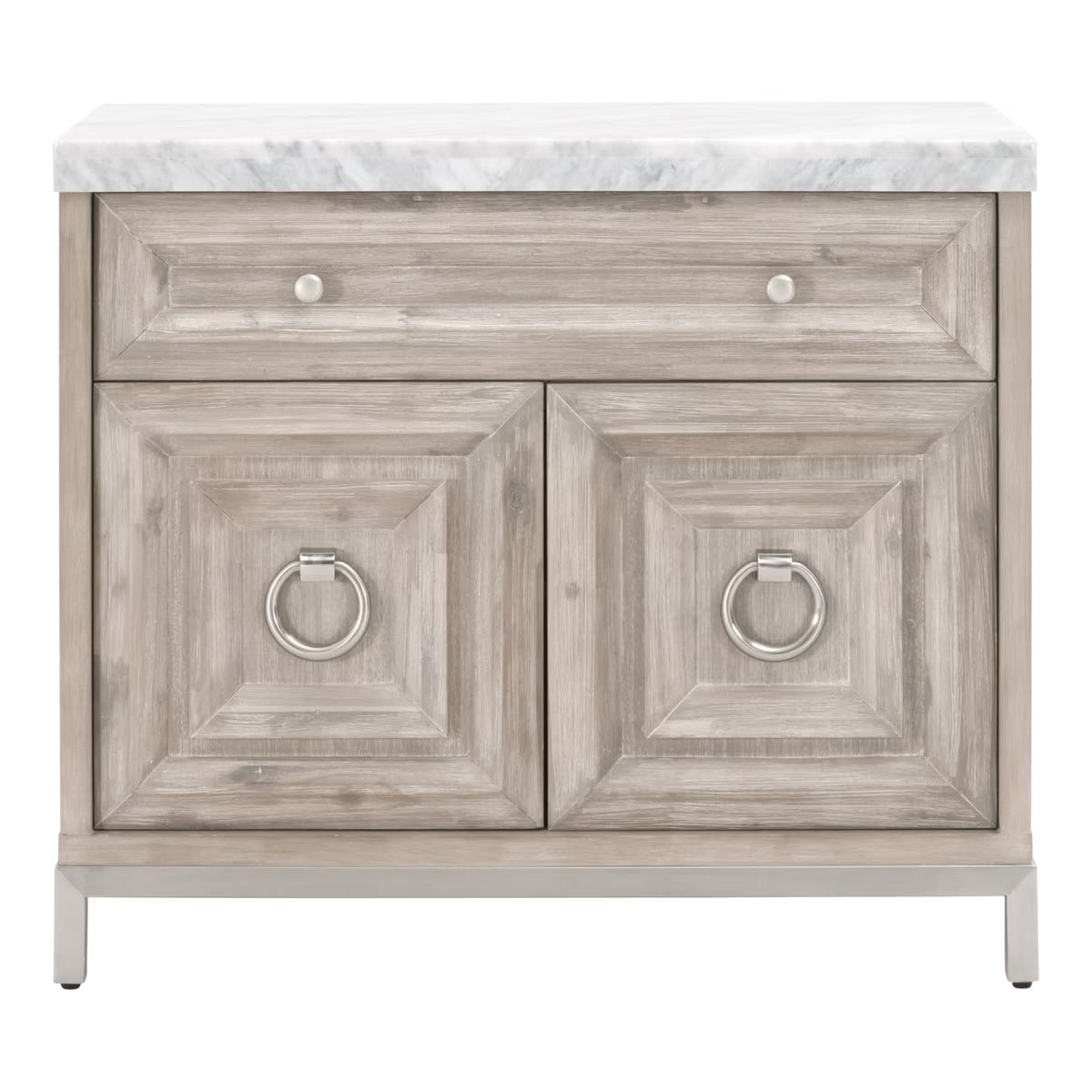 Essentials For Living Azure Media Chest ~ Natural Gray Acacia, White Carrera Marble With Brushed Stainless Steel Hardware - Image 1