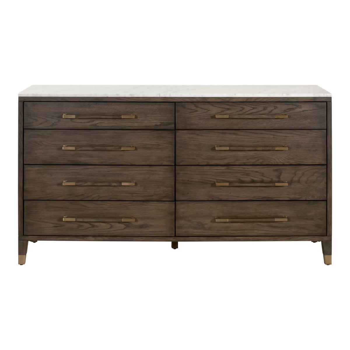 Essentials For Living Cambria 8-Drawer Double Dresser ~ Dutch Brown Oak, Bianco Marble With Aged Brass Hardware - Image 1