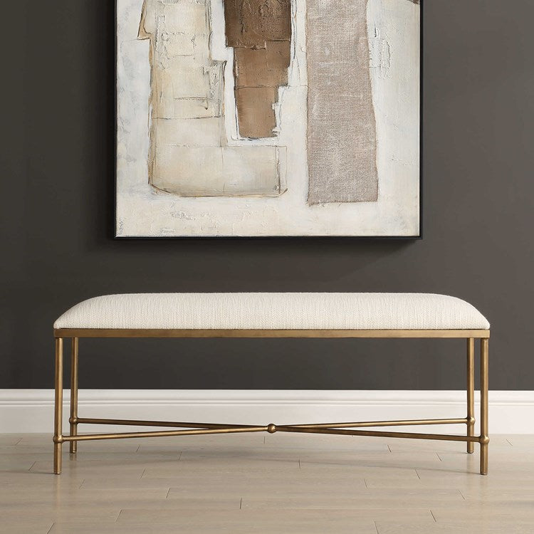 Uttermost Avenham White Textured Fabric Cushion Seat Modern Gold Iron Bench