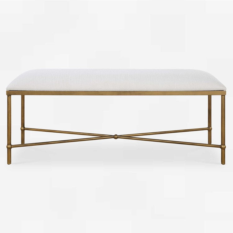 Uttermost Avenham White Textured Fabric Cushion Seat Modern Gold Iron Bench - Image 2