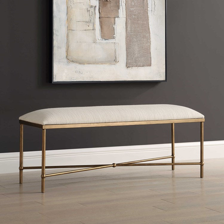 Uttermost Avenham White Textured Fabric Cushion Seat Modern Gold Iron Bench - Image 3