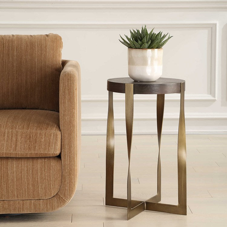 Uttermost Drew Walnut Wood and Brass Round Accent Table - Image 2