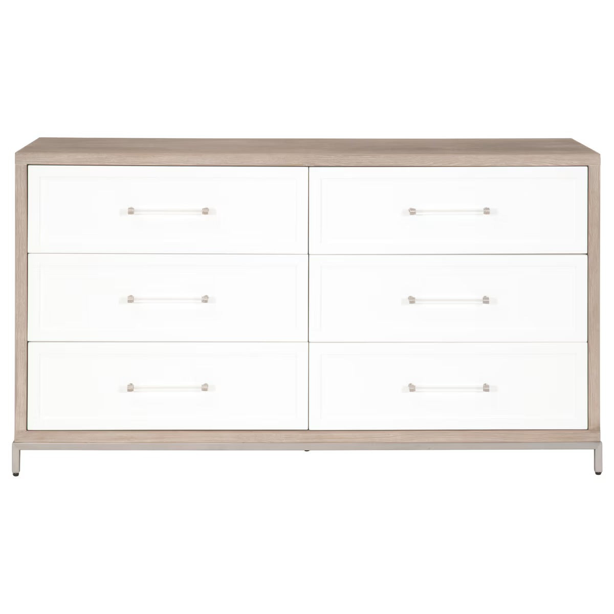 Essentials For Living Wrenn 6-Drawer Double Dresser ~ Natural Gray Acacia, Matte White With Brushed Stainless Steel Hardware - Image 1