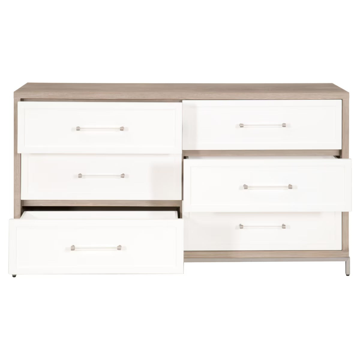 Essentials For Living Wrenn 6-Drawer Double Dresser ~ Natural Gray Acacia, Matte White With Brushed Stainless Steel Hardware - Image 2