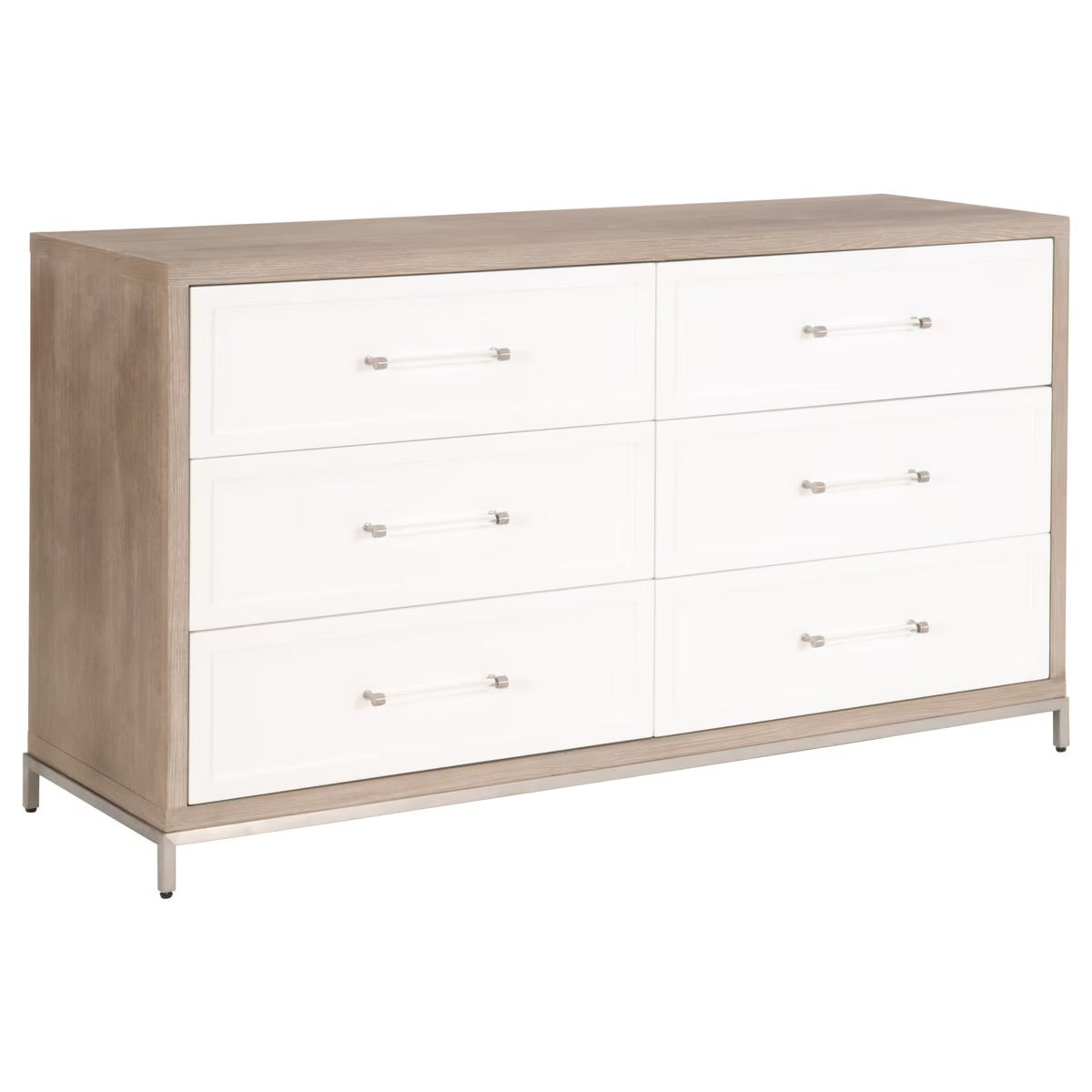 Essentials For Living Wrenn 6-Drawer Double Dresser ~ Natural Gray Acacia, Matte White With Brushed Stainless Steel Hardware - Image 3