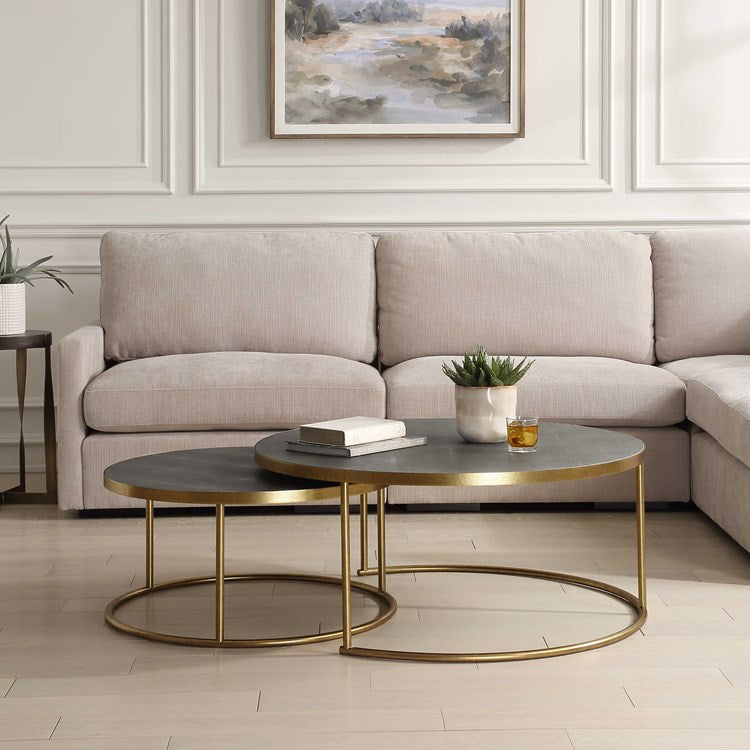 Uttermost Aragon Gray Shagreen Top with Brass Base Set of 2 Modern Round Nesting Coffee Tables - Image 2