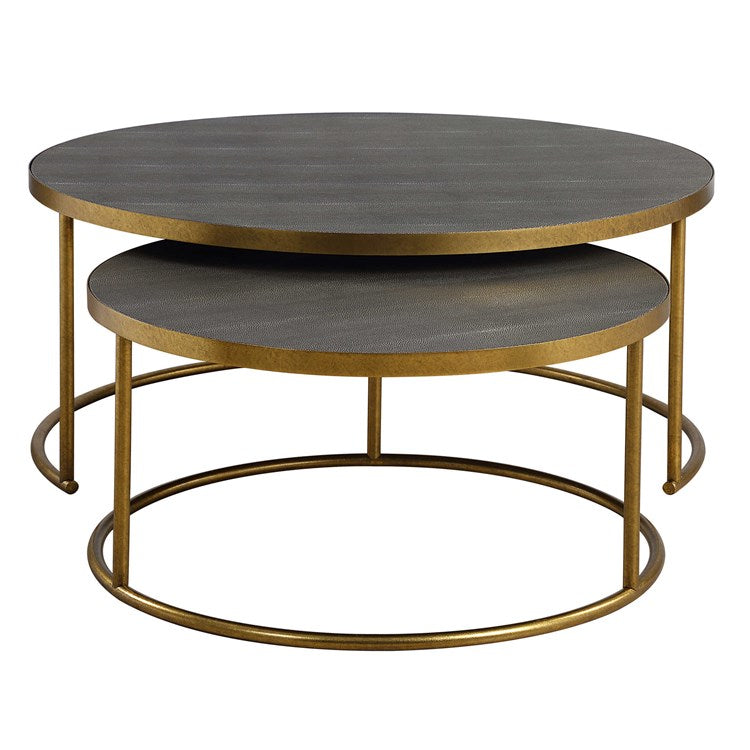 Uttermost Aragon Gray Shagreen Top with Brass Base Set of 2 Modern Round Nesting Coffee Tables - Image 3