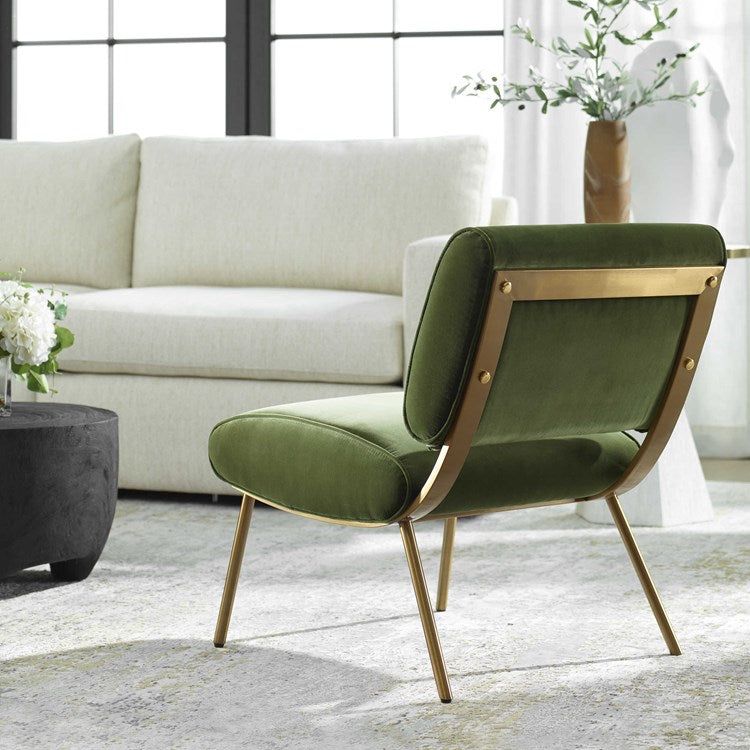 Uttermost Knoll Olive Green Velvet Mid Century Modern Accent Chair - Image 3