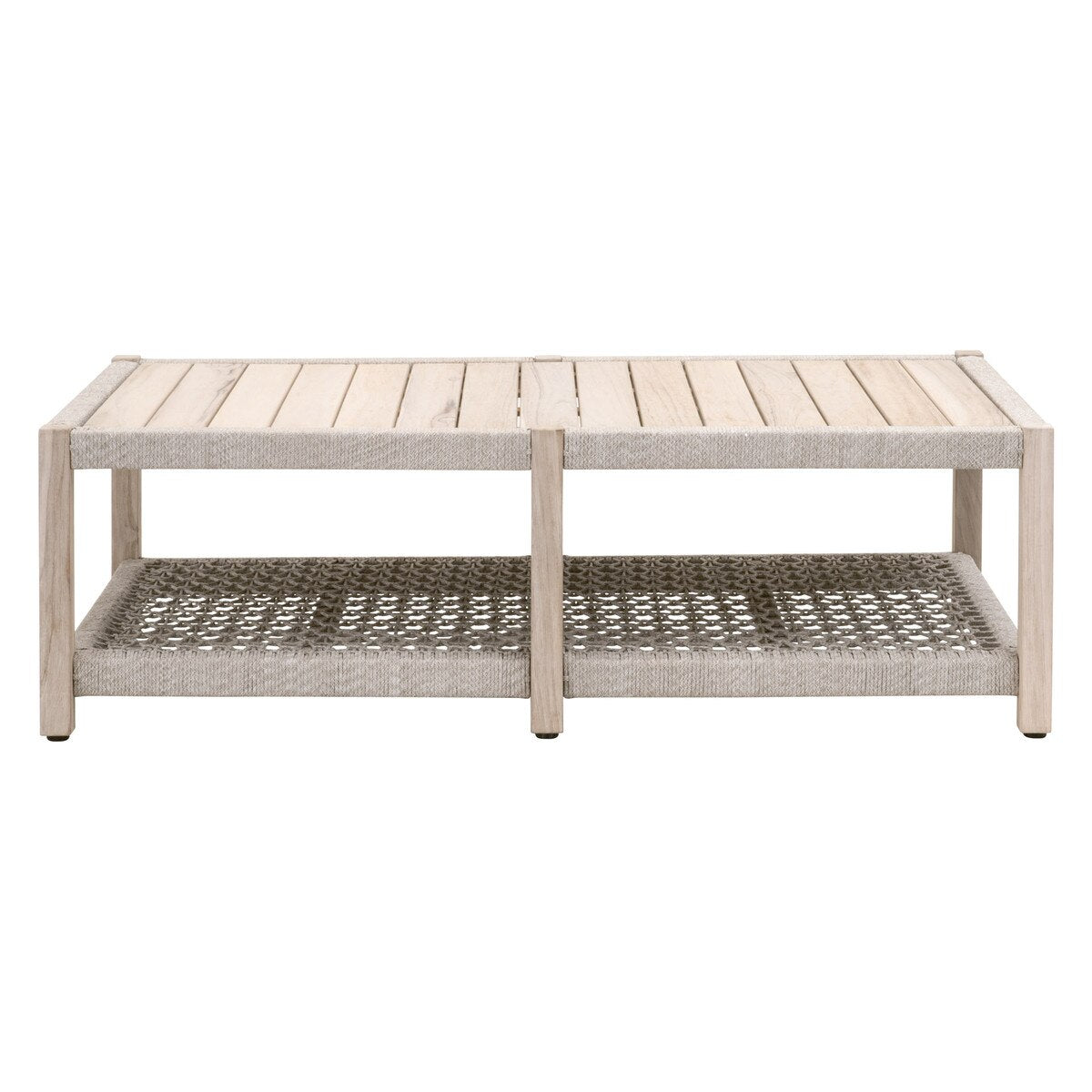 Essentials For Living Wrap Rectangular Outdoor Coffee Table ~ Taupe & White Flat Rope, Gray Teak - Image 1
