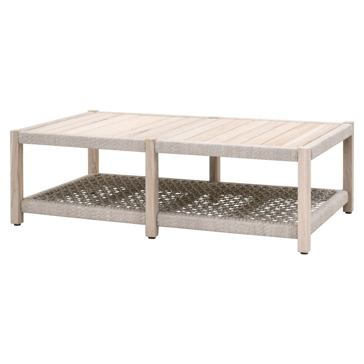 Essentials For Living Wrap Rectangular Outdoor Coffee Table ~ Taupe & White Flat Rope, Gray Teak - Image 2