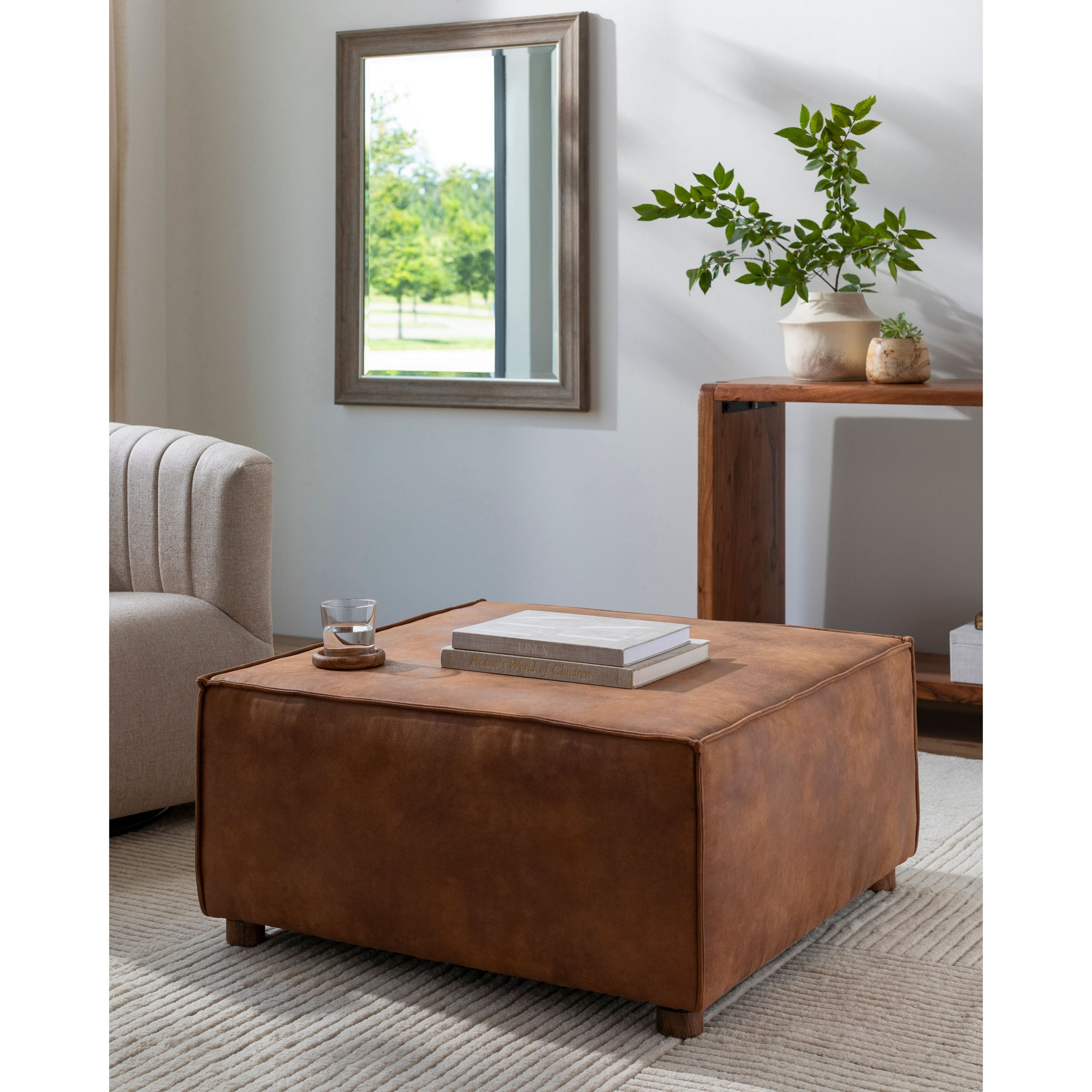 Surya Medford Modern Rustic Faux Brown Leather Ottoman MEF-001