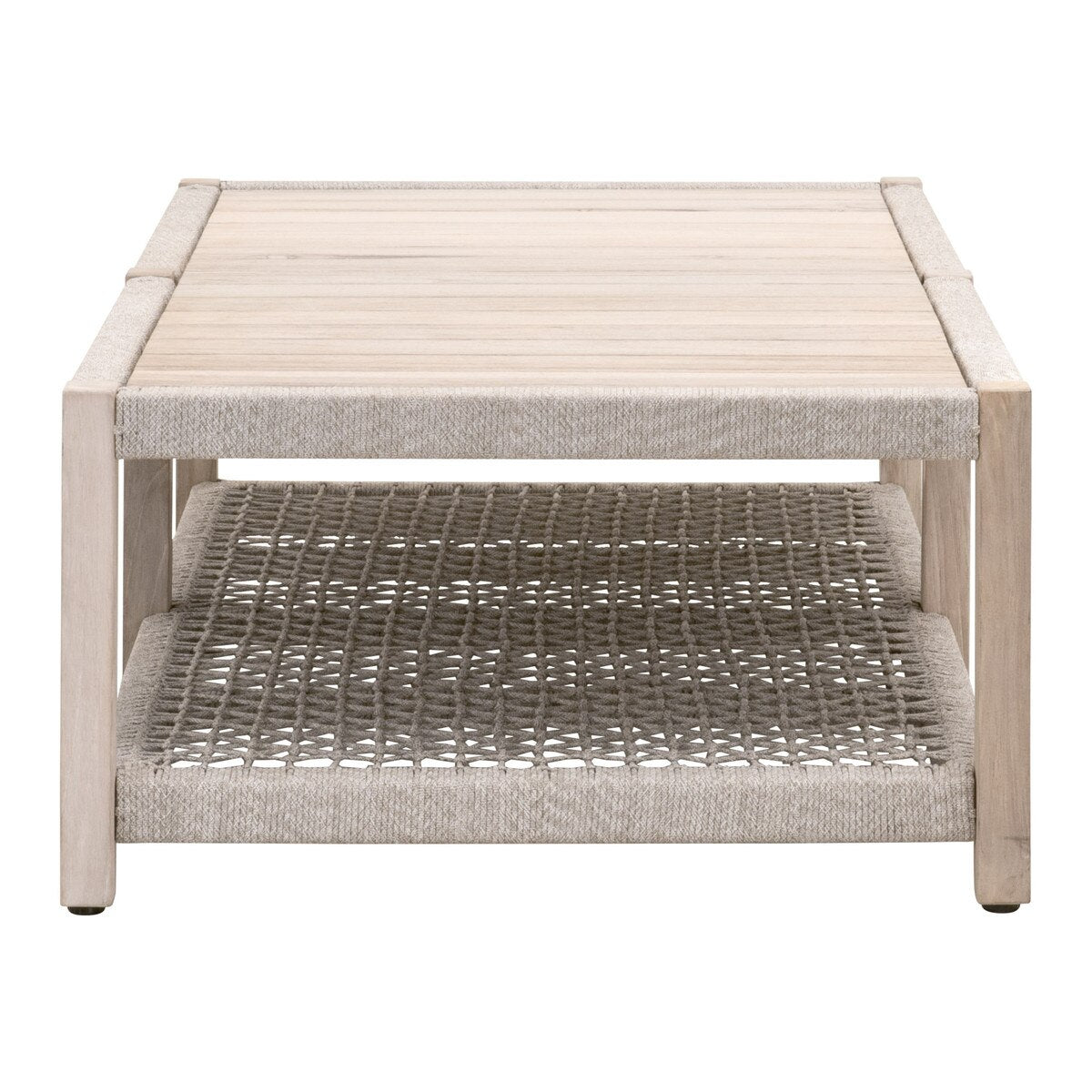 Essentials For Living Wrap Rectangular Outdoor Coffee Table ~ Taupe & White Flat Rope, Gray Teak - Image 3