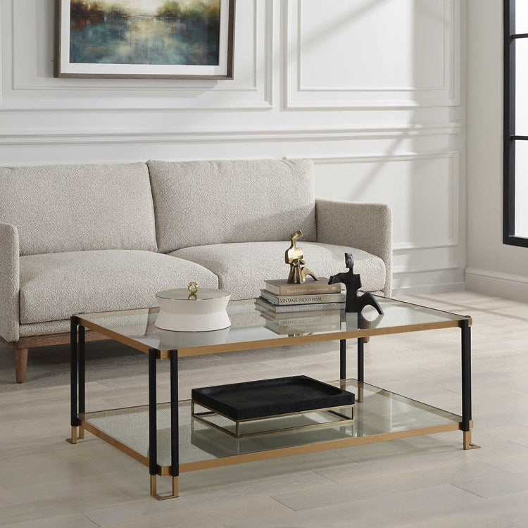Uttermost Kentmore Glass Top With Matte Black and Brushed Gold Iron Coffee Table - Image 1