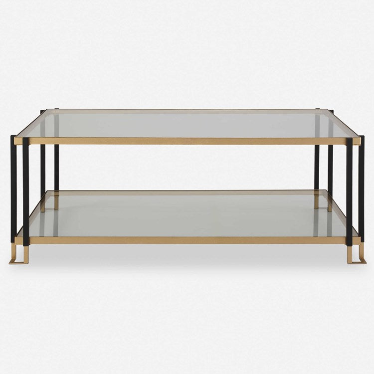 Uttermost Kentmore Glass Top With Matte Black and Brushed Gold Iron Coffee Table - Image 2