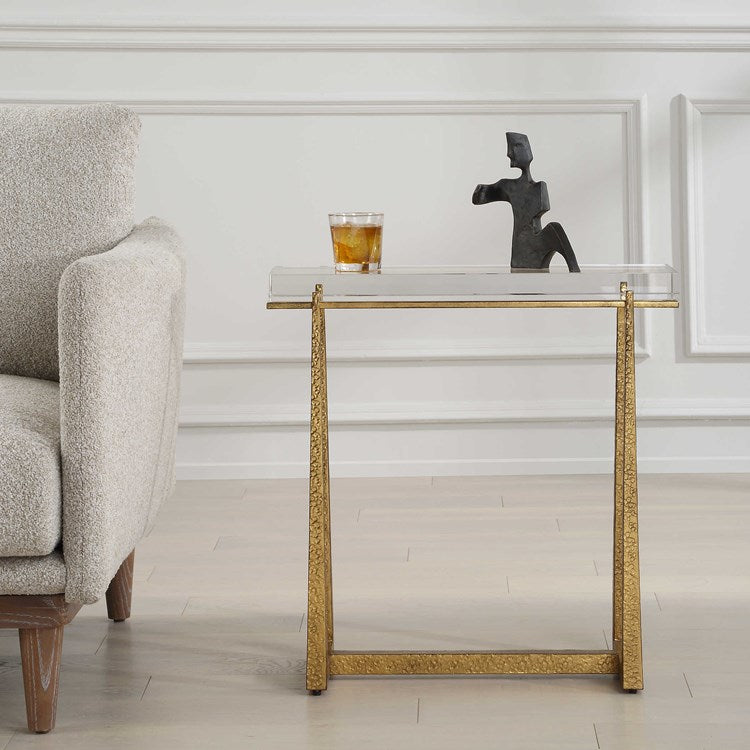 Uttermost Midas Crystal Top With Textured Antique Gold Finish Iron Accent Table