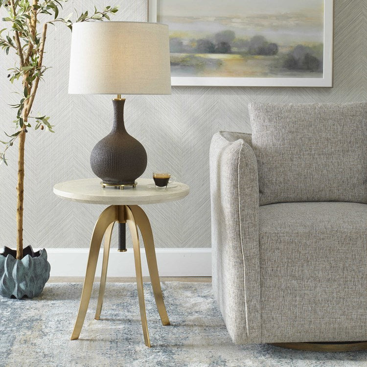 Uttermost Alice White Washed Oak With Brass Base Adjustable Side Table - Image 1