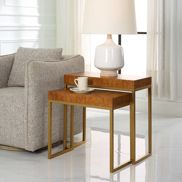 Uttermost Burlesque Burl With Brushed Brass Set of 2 Nesting Tables - Image 1