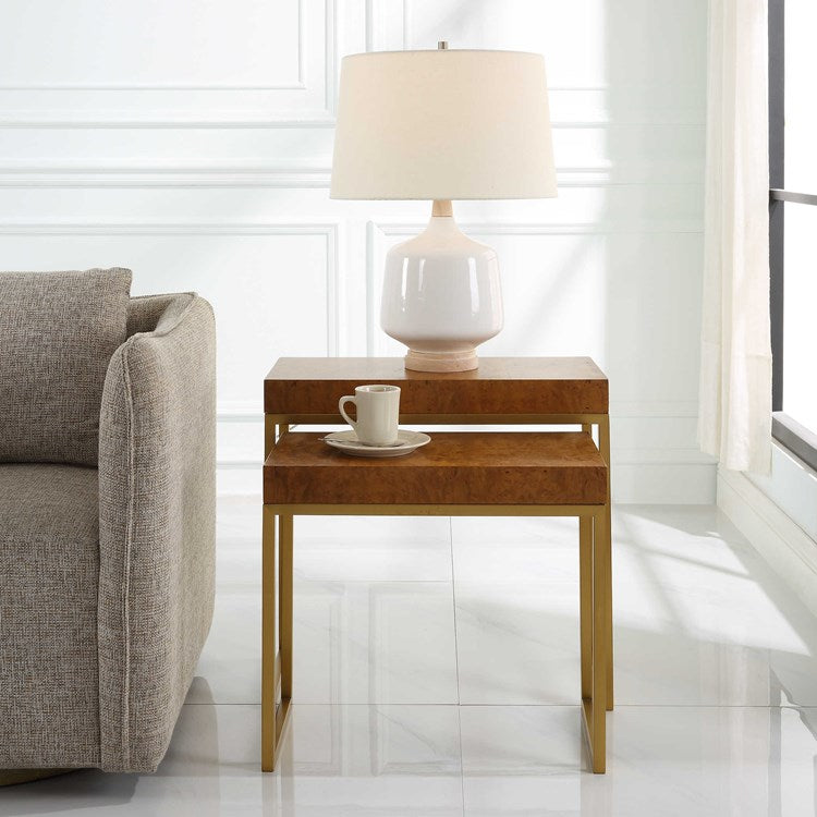 Uttermost Burlesque Burl With Brushed Brass Set of 2 Nesting Tables - Image 3