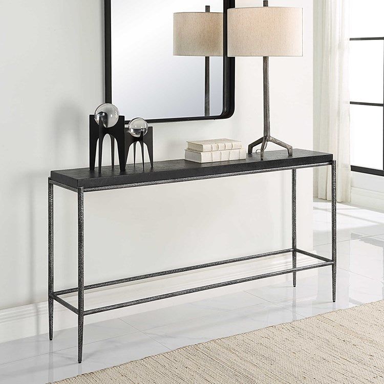 Uttermost Crescendo Black Concrete Top with Hammered Silver Metal Base Console Table - Image 3