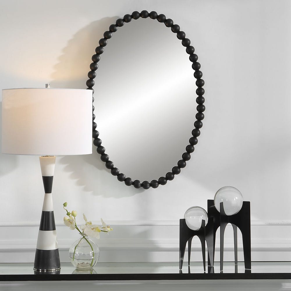 Uttermost Serna Beaded Matte Black Oval Mirror - Image 1