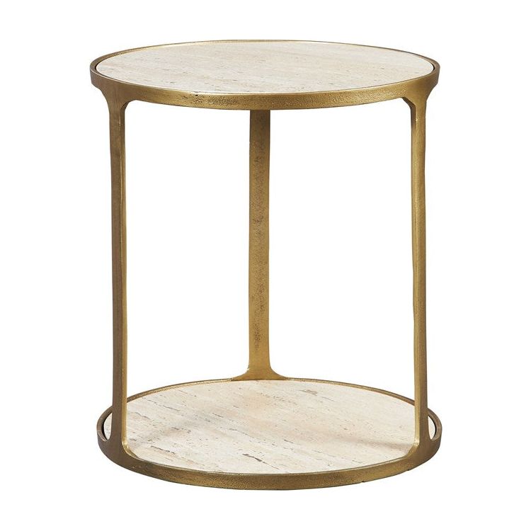 Uttermost Clench Travertine Top With Antiqued Brass Base Round Accent Table - Image 1