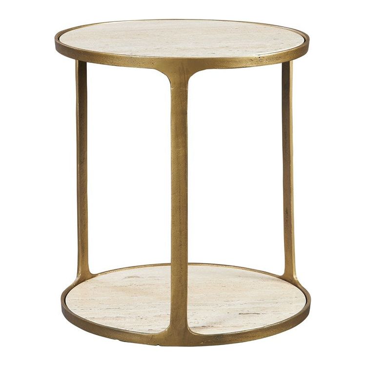 Uttermost Clench Travertine Top With Antiqued Brass Base Round Accent Table - Image 2