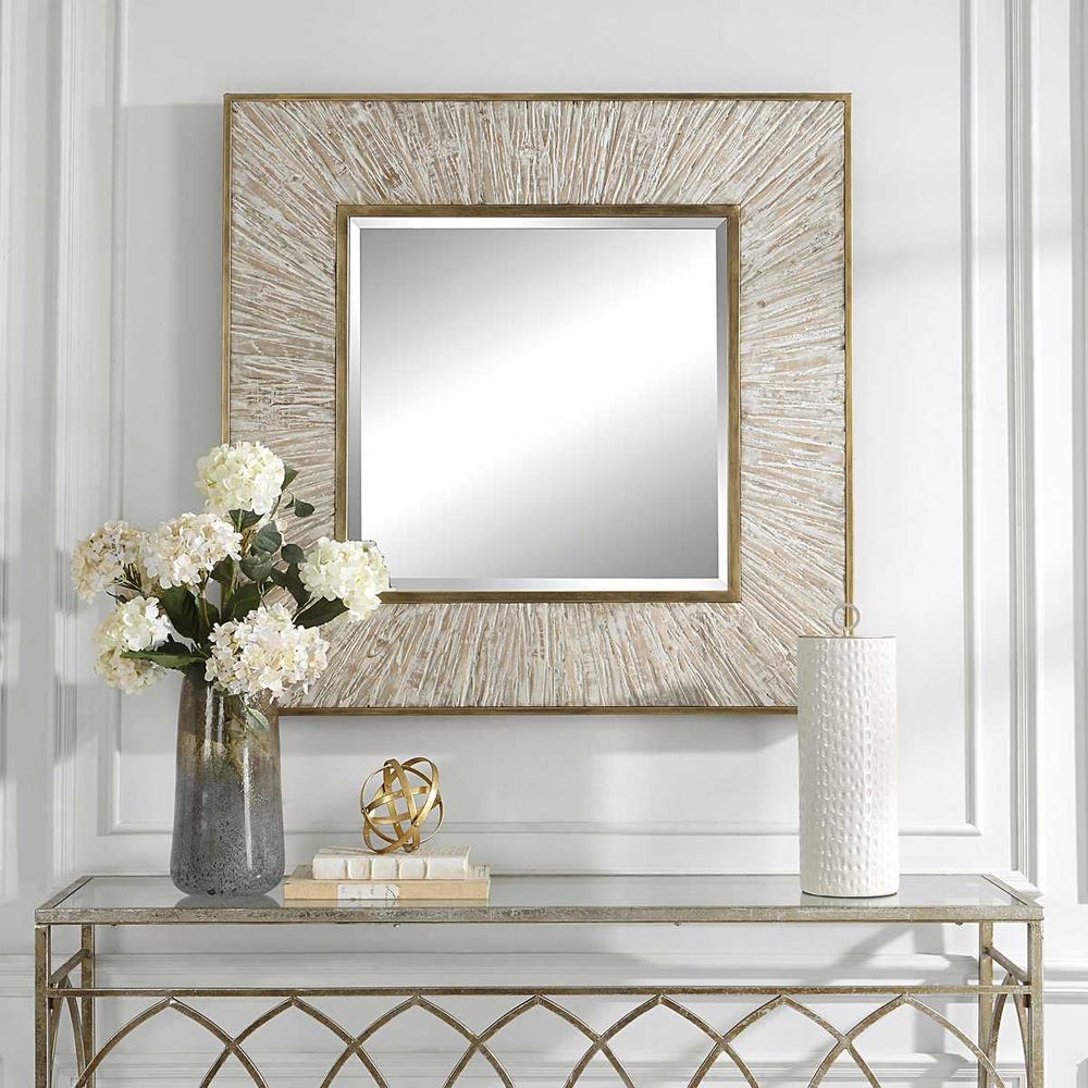 Uttermost Wharton Aged Gold With Whitewashed Wood Square Mirror
