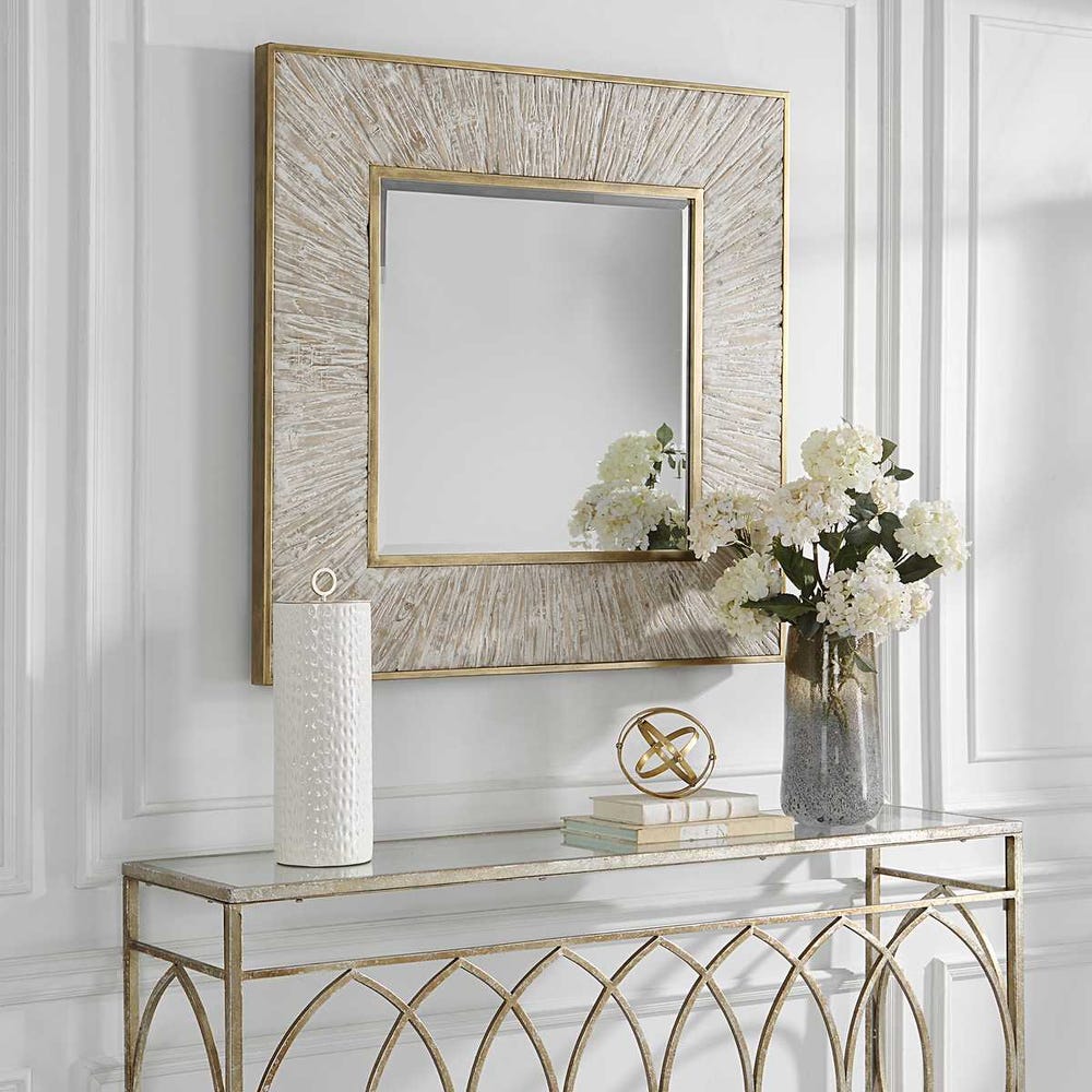 Uttermost Wharton Aged Gold With Whitewashed Wood Square Mirror - Image 2