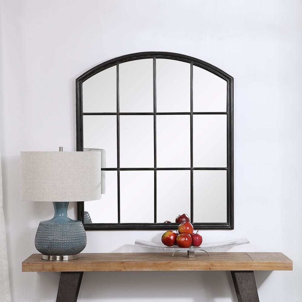 Uttermost Lyda Distressed Black Arch Window Pane Mirror - Image 1