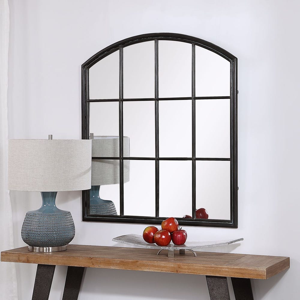 Uttermost Lyda Distressed Black Arch Window Pane Mirror - Image 2
