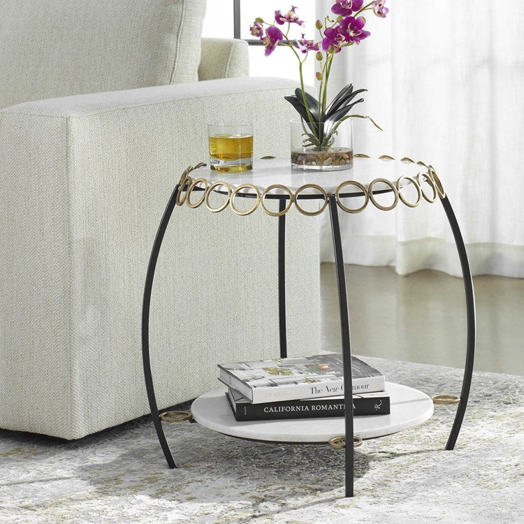 Uttermost Chainlink White Marble Top With Matte Black Iron Base Round Table - Image 1
