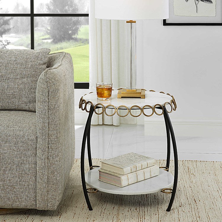 Uttermost Chainlink White Marble Top With Matte Black Iron Base Round Table - Image 3