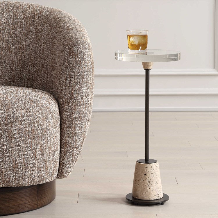 Uttermost Arthur Crystal Top With Travertine Base Round Drink Table